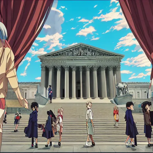 Image similar to the supreme court but it is a slice of life anime, by dan mumford, yusuke murata, makoto shinkai, ross tran, cosmic, heavenly, god rays, intricate detail, cinematic, 8 k, cel shaded, unreal engine, featured on artstation, pixiv, anime style