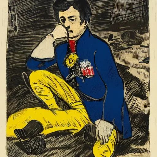 Image similar to Volodymyr Zelensky at war, dressed like Napoleon Bonaparte, his clothes are torn and dirty, he is sitting between dead corpses and weeping, holding a half burnt blue and yellow flag of Ukraine, in the style of Roy Lichtenstein