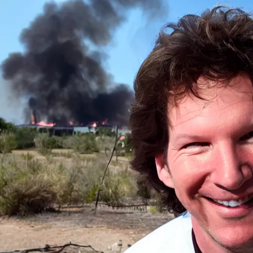 Prompt: a photo of an orphanage burning down in the background and neil breen smiling in the foreground, strong depth of field