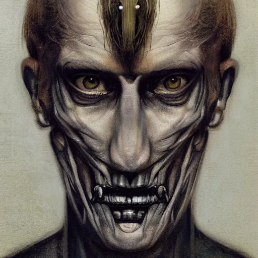 Image similar to surreal portrait of a man by Greg Rutkowski and H.R Giger, symmetrical face, he is about 30 years old, west slav features, short blonde hair with bangs, attractive, smart looking, slim, somewhat androgenic, transformed into a kind of biomechanical transhuman god, disturbing, terrifying but fascinating, with a determined and sinister expression on his face, cosmic void background, frightening, fascinating, highly detailed portrait, digital painting, book cover, artstation, concept art, smooth, sharp foccus ilustration, Artstation HQ