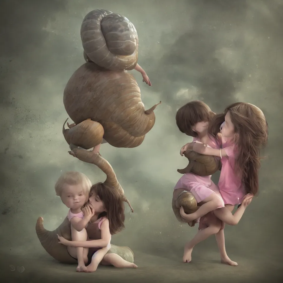 Prompt: a little girl hugging a giant snail, photo, realistic, artstation , beautiful, octane render