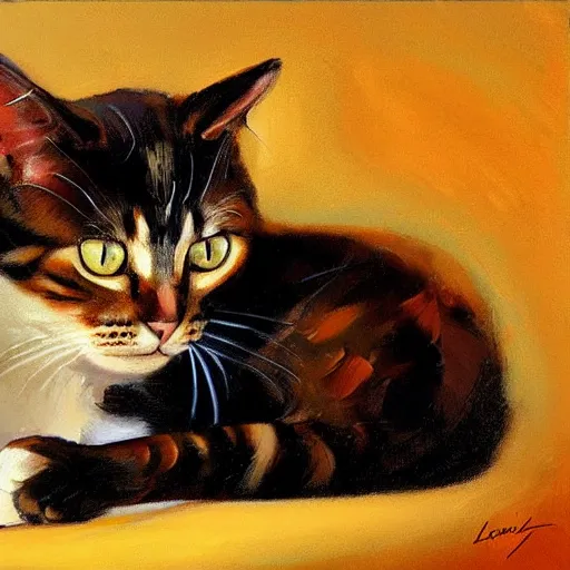 Prompt: playful cat, plain background, ( in the style of jc leyendecker ), phil hale, angular, brush strokes, painterly, crisp, portrait of a cat, cat portrait painting