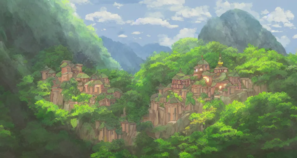 Image similar to view of a monastery on a forested mountain, in the style of studio ghibli, distant, detailed, artstation, award winning painting,