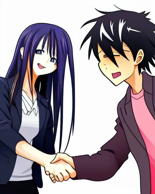 Prompt: a person shakes hands with an anime character in both styles