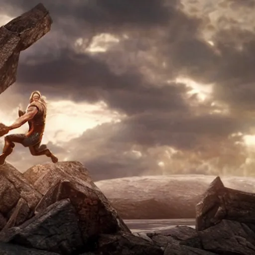 Prompt: thor falling from the bifrost, daylight, cinematic lighting, cinematic perspective, by weta digital, by weta fx