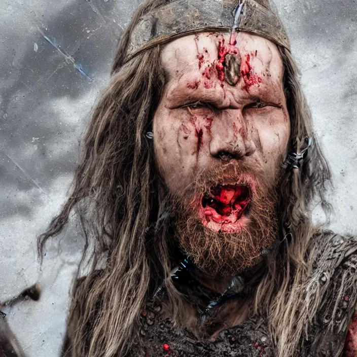 Image similar to portrait of angry viking warrior looking at camera, sweat and blood on his face, small snarl, detailed photo