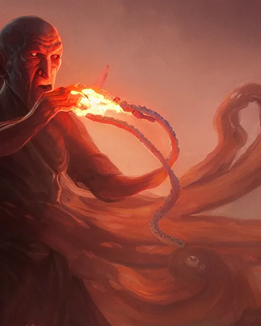 Image similar to tentacled [ squidward ], detailed face, wearing fire nation clothing and practicing firebending outside at susnset, [ greg rutkowski ]