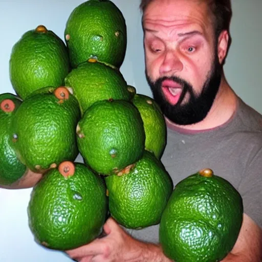 Prompt: guy who is holding too many limes with a very angry face