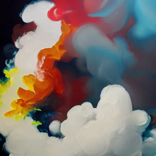 Prompt: an abstract painting of a cloud of nicotine smoke consuming modern party guests, highly artistic