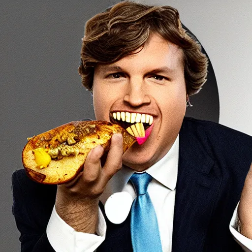 Image similar to tucker carlson eating a fully loaded baked potato