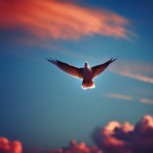 Image similar to Close-up realistic shot of a radiant white dove flying over the clouds at sunset, ethereal, vintage photograph, film grain, surreal, awe-inspiring, highly detailed, blue and orange color scheme