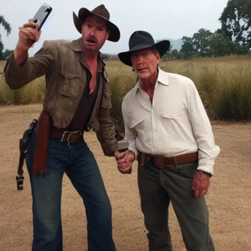 Prompt: chris patt as indiana jones 5, epic pose, selfie with harrison ford