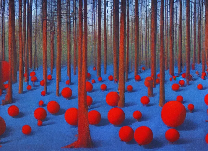 Prompt: army of red spherical glass people with blue flags in a forest Edward Hopper and James Gilleard, Zdzislaw Beksinski highly detailed