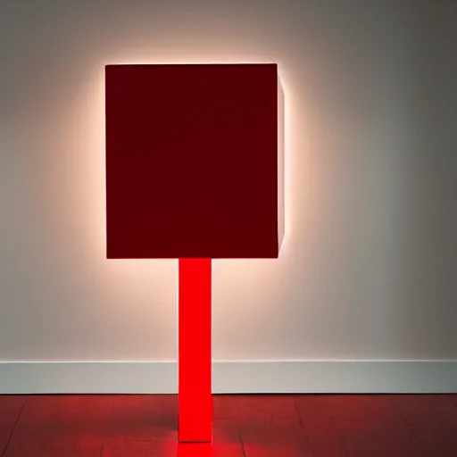 Prompt: a red metallic cube on a shiny wooden floor light