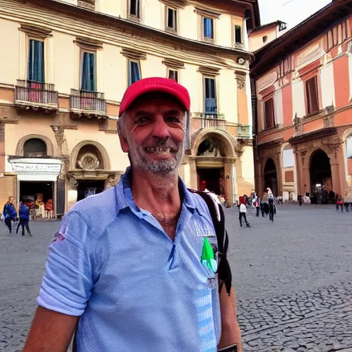 Prompt: friendly looking local from Bologna offering you a cotoletta in Piazza Cavour