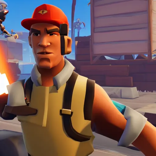 Image similar to scout from team fortress 2 as a fortnite character, gameplay screenshot