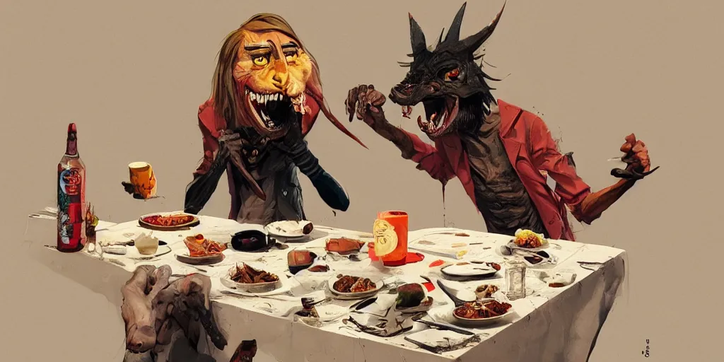 Image similar to cartoonish iggy pop eating dinner, vivid colors, character sheet, fine details, concept design, contrast, kim jung gi, greg rutkowski, trending on artstation, 8 k, full body, turnaround, front view, back view, ultra wide angle