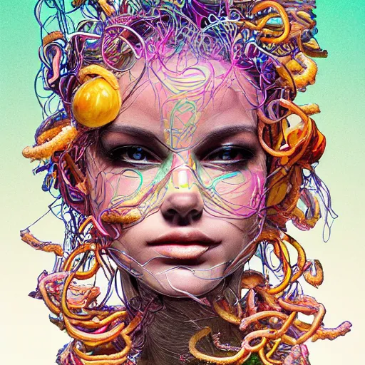 Image similar to the head of a ridiculously beautiful and pretty woman partially made of onion rings of all colors looking up, an ultrafine detailed illustration by james jean, final fantasy, intricate linework, bright colors, behance contest winner, vanitas, angular, altermodern, unreal engine 5 highly rendered, global illumination, radiant light, detailed and intricate environment