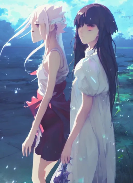 Image similar to 2 girl in fantasy clothes playing water. illustration concept art anime key visual trending pixiv fanbox by wlop and greg rutkowski and makoto shinkai and studio ghibli