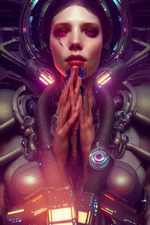 Image similar to ultra realistic, beautiful female cyborg in a crowded smoky cyberpunk club in space megalopolis, sci-fi, intricate details, eerie, highly detailed, octane render, 8k, art by artgerm and alphonse mucha and greg rutkowski