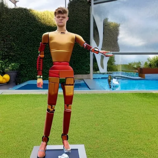 Image similar to a realistic detailed photo of a guy who is an attractive humanoid who is half robot and half humanoid, who is a male android, soccer player timo werner, shiny skin, posing like a statue, blank stare, by the pool, on display, showing off his muscles, humanoid robot, frozen ice statue, made of ice