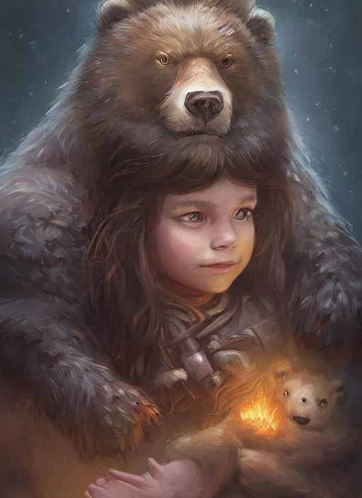 Prompt: portrait of little girl and her werebear, d & d, fantasy, portrait, highly detailed, digital painting, trending on artstation, concept art, sharp focus, illustration, art by artgerm and greg rutkowski and magali villeneuve