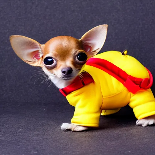 Image similar to photo of mini light brown chihuahua in a bowser costume. Post processing , award winning , masterpiece , photo realistic