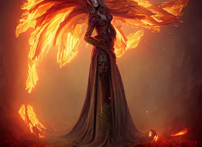 Prompt: sylvanas windrunner, giant tree catching fire, magical, emotional, concept art, art nouveau, inspired by reylia slaby, peter gric, volumetric lighting, intricate, ornate