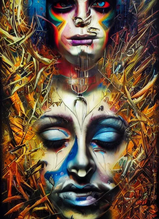 Image similar to incredible magic cult psychic woman, symmetrical painted face, third eye, energetic consciousness psychedelic scene, epic surrealism expressionism symbolism, story telling, iconic, dark robed, oil painting, layers on layers on layers, dark myth mythos, by Sandra Chevrier , Bruce Pennington, masterpiece