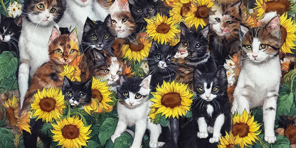 Prompt: a group of kitten by Sandra Chevrier and Sachin Teng, lots of sunflowers, anime style makoto shinkai