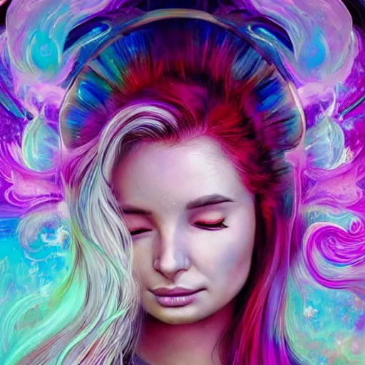 Prompt: a psychedelic ethereal portrait of kim petras with her eyes closed transcending to a higher plane of existence, eternal blessing, multiverse, by android jones, by ben ridgeway, by ross draws, by noah bradley, by maciej kuciara, visionary art, oil painting, artgerm, featured artstation, cgsociety, greg rutkowski