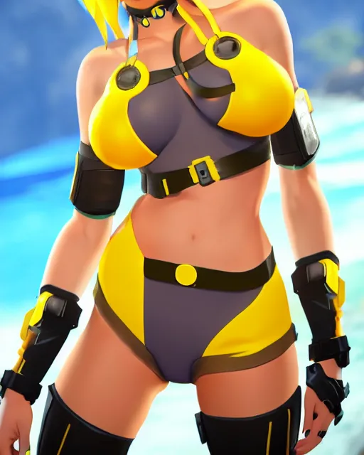 Image similar to tracer game character, in yellow bikini, blonde hair, black eyes, full height