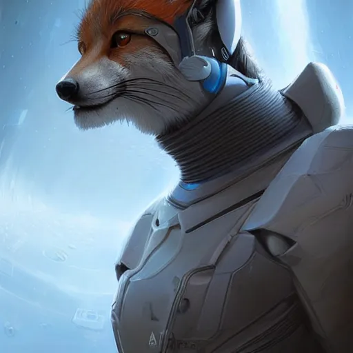 Image similar to Portrait of a tall anthropomorphic fox scientist wearing a futuristic bio suit, intricate, cinematic lighting, highly detailed, digital painting, artstation, concept art, smooth, sharp focus, illustration, art by Artgerm and Greg Rutkowski