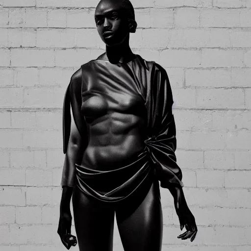 Prompt: very very beautiful dark black marble statue of a woman in the style of virgil abloh, colorful motocross logos on the wall behind her, sharp focus, clear, detailed,, cinematic, detailed, off white, heron preston, matthew williams, acronym, glamourous, symmetrical, vogue, editorial, fashion, magazine shoot, glossy