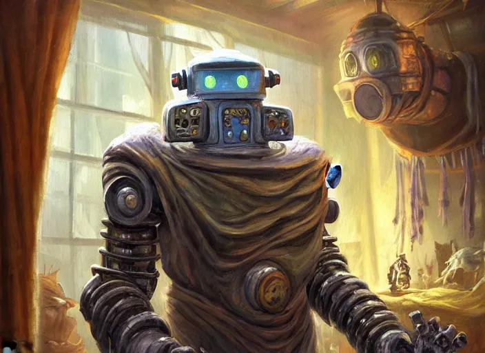 Prompt: fantasy oil painting, an evil robot dressed in wrinkled robes, as a dnd character, inside a cluttered bedroom, cottagecore, extremely detailed, book cover illustration, concept art, readability, impasto, desaturated, sharp focus