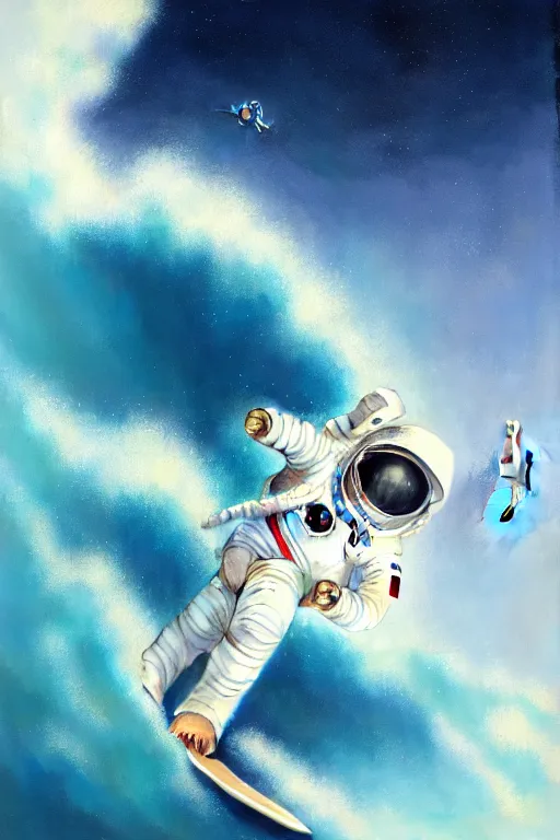 Image similar to a beautiful digital painting of an astronaut in a white space suit surfing the great wave on a surfboard by greg rutkowski, photorealistic, trending on artstation, octane render