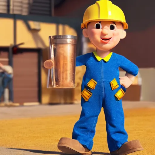 Image similar to bob the builder as a real life human person super realistic, shot from cinematic, hyper detailed, ultra realistic 4k trending on artstation