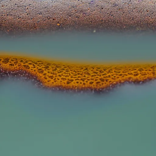 Prompt: a yellow and brown bacterial mat at a yellowstone hotspring, macro photography, extremely detailed, small features, bumps, craters, follicles