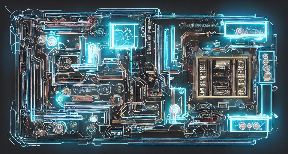 Image similar to product photography framing within an artificer's keep. digital paint krita render of a small square fantasy vacuum - tube motherboard made and powered by crystalline circuitry. trending on artstation. premium print by angus mckie