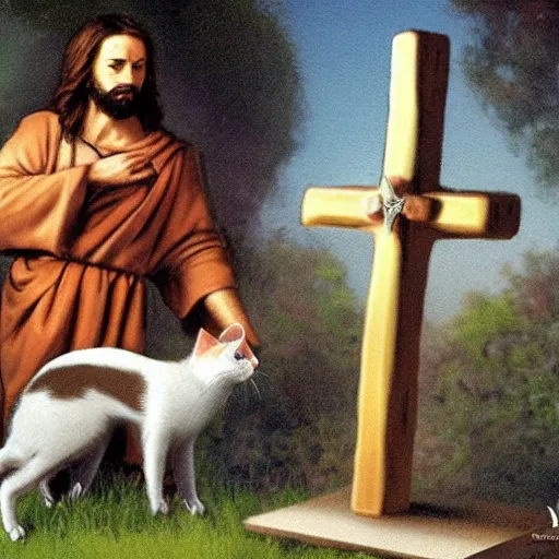 Image similar to realistic photo of jesus explaining the meaning of life to a cross - eyed cat,