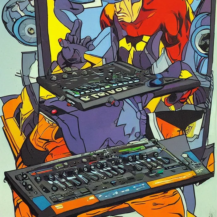 Prompt: cyclops (from x-men) playing an MPC 2000XL, colourful painting by Toni Toscani,