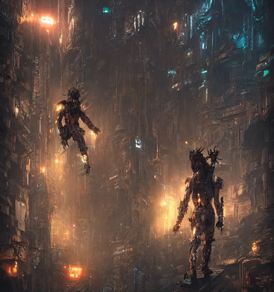 Image similar to cyberpunk gladiator, cinematic, highly detailed, octane render, cg, rich cinematic atmosphere, perfect digital art, mystical journey in strange world, Mystical, cyberpunk, tech war, sci-fi, surreal, glowing lights, sharp focus, high detailed, by Akihiko Yoshida, michael whelan and Karol Bak