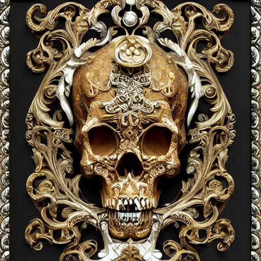 Image similar to a beautiful, ornate and intricate rococo skull with silver and gold details, inside a black rococo frame, 4k, octane render, vray, unreal engine, photorealistic