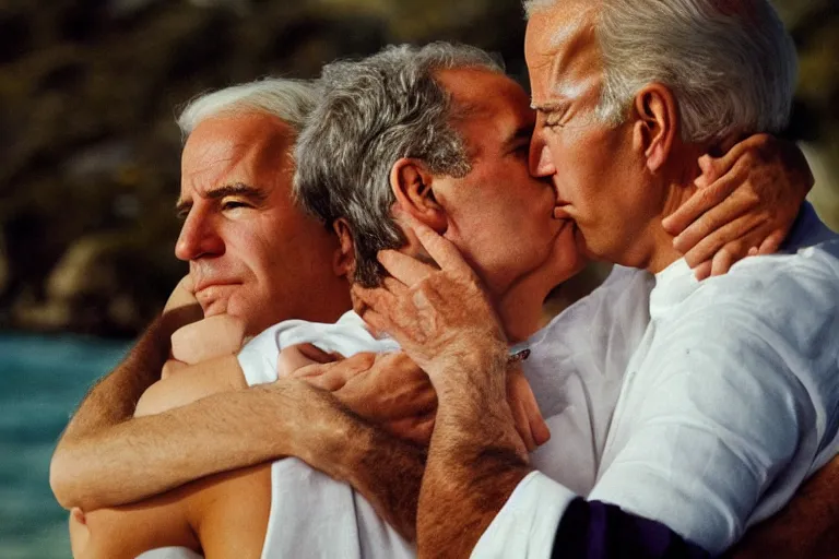 Image similar to closeup portrait of joe biden kissing jeffrey epstein on the cheek, on a sunny beach, us virgin islands, screen light, sharp,x detailed face, magazine, press, photo, Steve McCurry, David Lazar, Canon, Nikon, focus