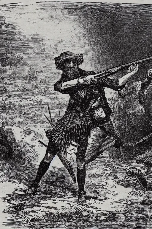 Prompt: 19th century wood-engraving of a British man hunting a mammoth with a flintlock rifle, whole page illustration from Jules Verne book, art by Édouard Riou Jules Férat and Henri de Montaut, high quality, beautiful, removed watermarks