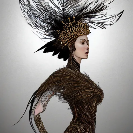 Image similar to , a woman with a golden crown shaped like the wings of a crow, she wears clothes made of feathers through which smoke and fog goes, intricate, elegant, highly detailed, digital painting, artstation, concept art, smooth, sharp focus, illustration, art by Terry Moore