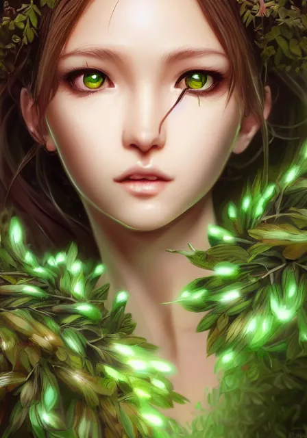 Prompt: A realistic anime portrait of a beautiful dryad twins with glowing green eyes and tree bark skin wearing clothes made of leaves, digital painting, by Stanley Artgerm Lau, Sakimichan, WLOP and Rossdraws, digtial painting, trending on ArtStation, SFW version