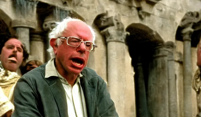 Prompt: a film still of bernie sanders as brian cohen in monty python's life of brian ( 1 9 7 9 )