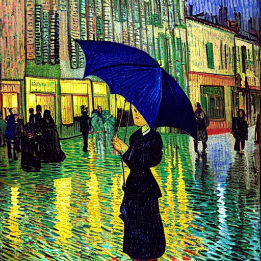 Image similar to girl with an umbrella girl with an umbrella. a walk inside a van gogh painting is a starry night. inside the painting. see everything from the inside. clearly detailed. dramatic.