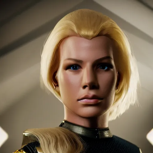 Prompt: very pretty blond borg queen, moody lighting, shallow depth of field, in the style of star trek,